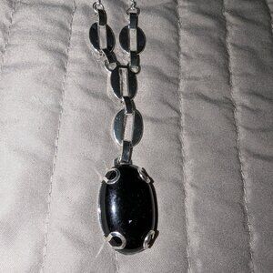 JMN Silver Tone Y Necklace with Black Oval Cabochon Pendant 5778